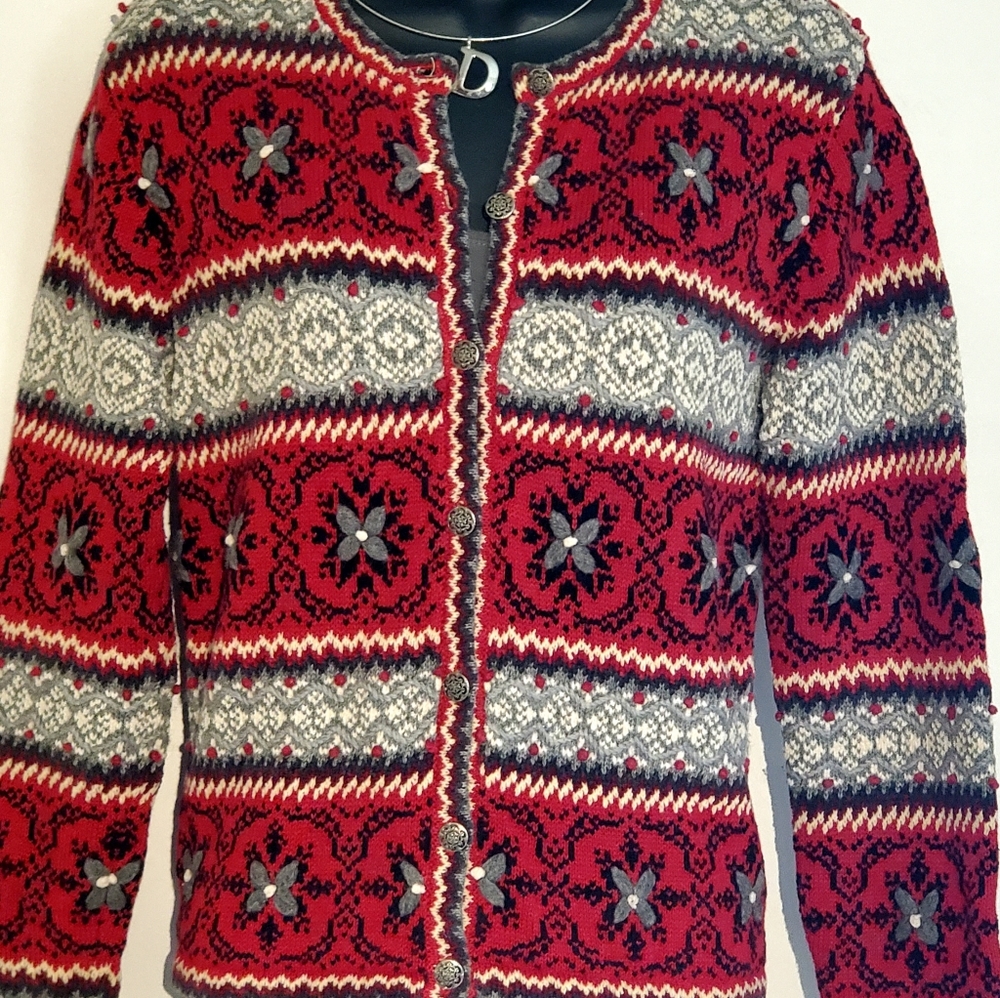 Talbots Petite Cardigan Button Front Sweater Black Red Gray XSP (PP)